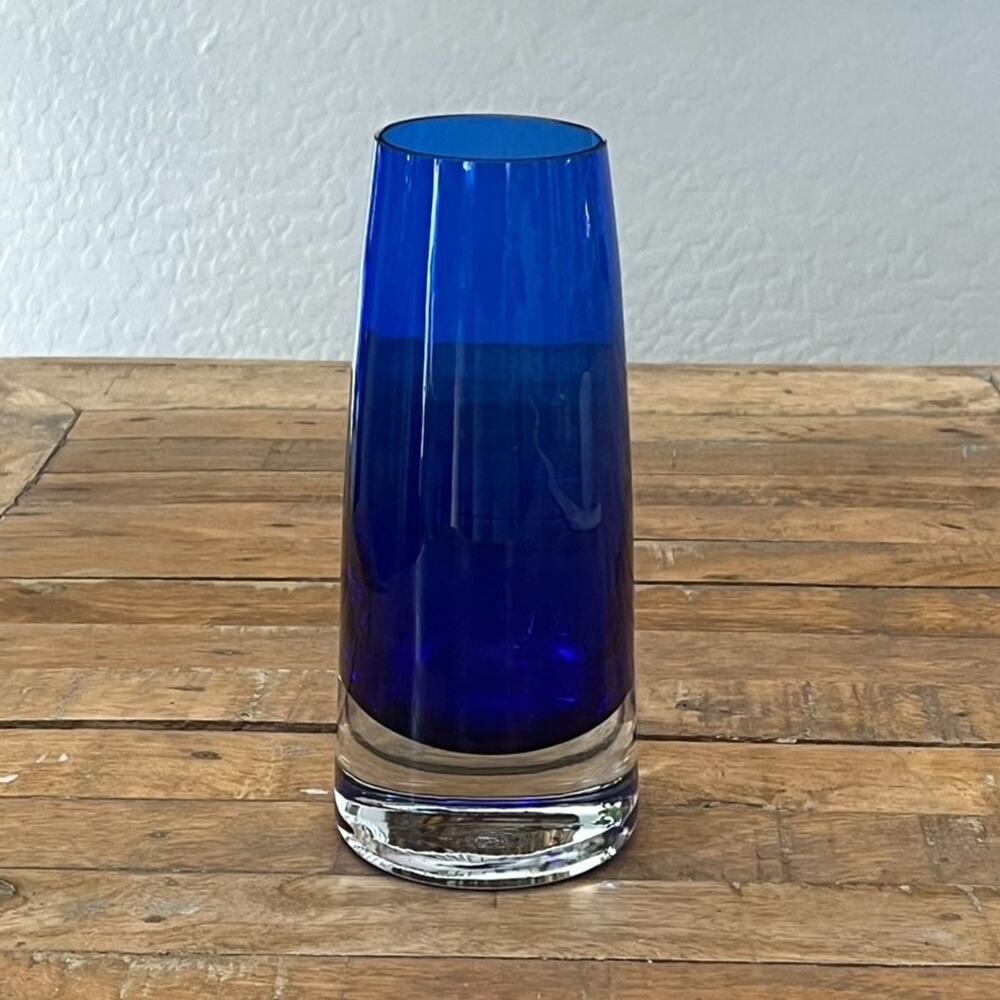 Vintage Cobalt Blue Hand Blown Glass Bud Vase Clear Glass on Bottom MCM Modern